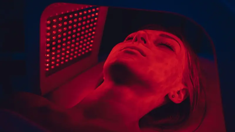 LED red light treating the facial skin of a young woman LED red light treating the facial skin of a young woman