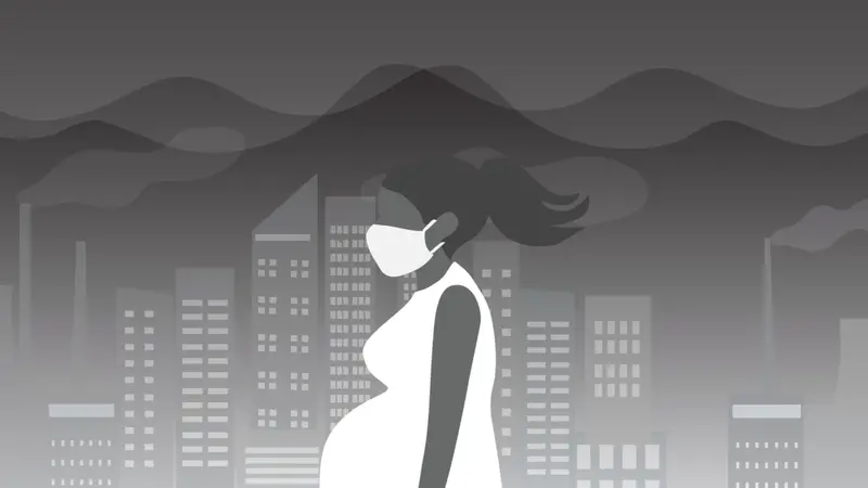 black and white illustration of pregnant woman walking in polluted city, wearing a face mask black and white illustration of pregnant woman walking in polluted city, wearing a face mask