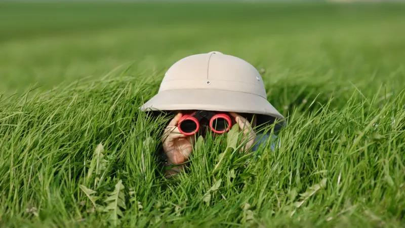 Little Boy with Binoculars and safari Hat, lying in the grass searching for Knowledge Little Boy with Binoculars and safari Hat, lying in the grass searching for Knowledge