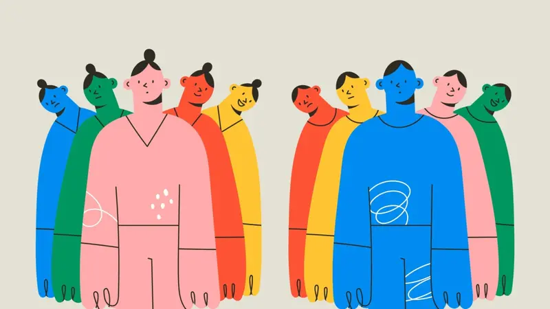 vector art drawing of various moods, people of all colors, diversity and emotional experiences