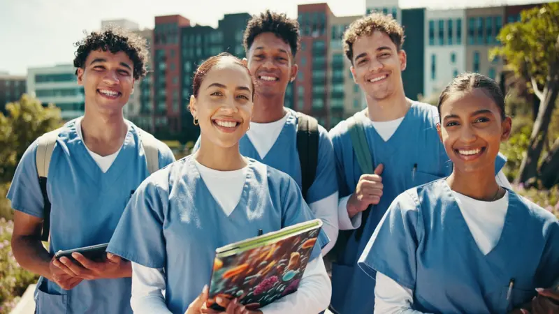 Group of young medical students smiling at camera Group of young medical students smiling at camera