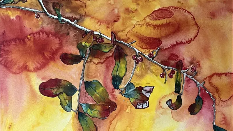 Breathing in my Autumn Body: Qigong, Breathing, Sound, Visual Journaling and Seasonal Tea Watercolor of multicolored leaves on branch