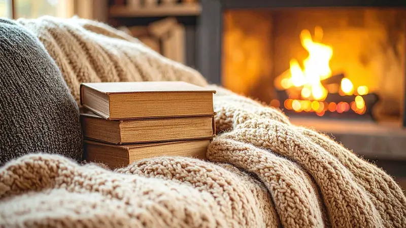 Books on a couch in front of a fire in the fireplace