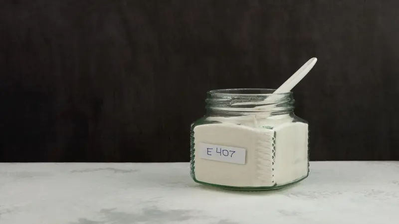 jar of processed carrageenan gum; for use in meat, vegan meat, and dairy products