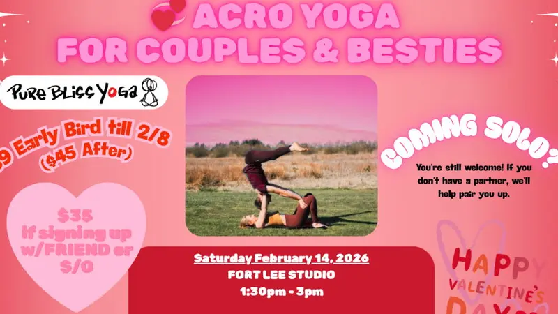 Celebrate connection, laughter, and trust this Valentine’s Day with Acro Yoga for Couples & Besties, a playful and heart-opening workshop led by Laura Baron at our Fort Lee studio.