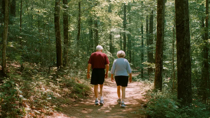 and elderly man and woman walk together on a forest path