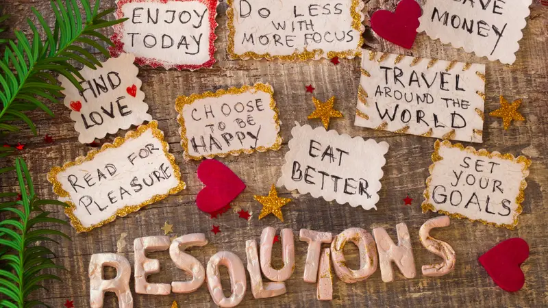 new years resolutions, assortment of placards with new year goals
