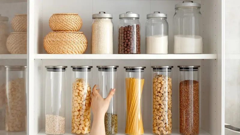 Organizing zero waste storage in kitchen.