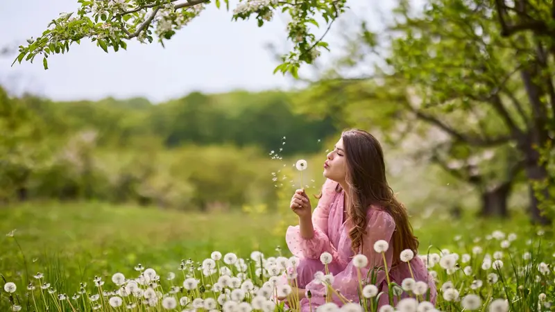 A young woman in a pink dress sitting in field of dandellions next to a blossoming apple