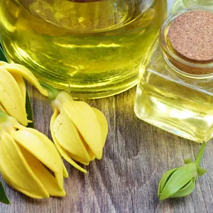 Ylang Ylang Oil in bottle and flowers