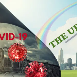 KnoWEwell, P.B.C. COVID-19 The Upside. Graphically adapted from Sergey Nivens / Shutterstock.com Masked person pulls back corner of polluted sky to reveal blue sky and city. COVID-19 Virus. Rainbow leading to future positive outcomes.