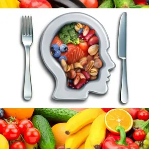 Brain food to boost brainpower nutrition concept as a group of nutritious nuts fish vegetables and berries rich in omega-3 fatty acids for mind health with 3D illustration elements.