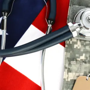Military fatigues and dog tags on an American Flag with a stethoscope to illustrate health care in the armed services