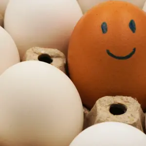 brown chicken egg with happy and smiley face among white eggs in egg carton