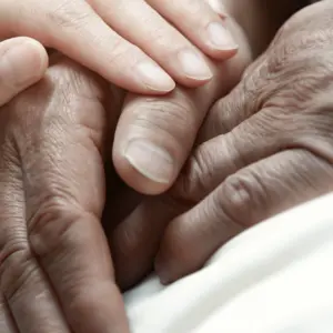 Hand of woman touching senior man in clinic