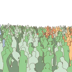 Illustration of large mass of people from wide angle in color