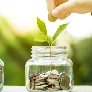 hands putting money (coin) into the glass jar 