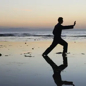 Silhouette of man practicing qigong exercises at sunset by the sea