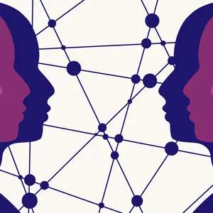 Silhouette of heads. Human communication. Connected lines with dots background.