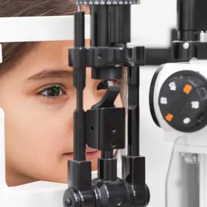 Girl getting eye exam at clinic, close-up