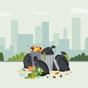 garbage cans overflowing with city food waste, plastic bottles and cans and other rubbish, flat vector illustration