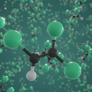 Molecule of trichloroethylene, ball-and-stick molecular model. Scientific 3d rendering