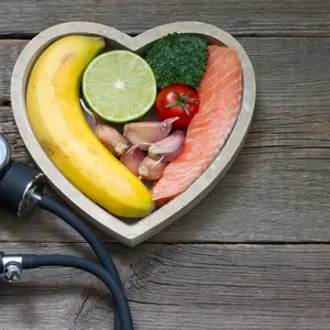 Health heart diet food concept with blood pressure gauge