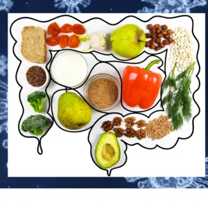 Food for bowel Health. Kefir, Bifidobacteria, greens, apples, fiber, dried fruits, nuts, pepper, whole bread, cereals, broccoli, flax seed isolate on a white background