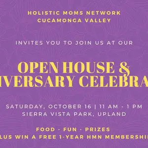 Open House -Holistic Moms Network Cucamonga Valley, CA Chapter - purple background with even information