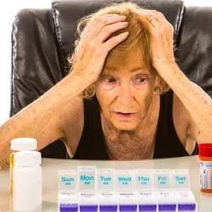 Senior woman overwhelmed with pills to fit in her pill box