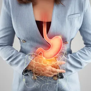 The illustration of stomach and large intestine is on the woman's body against gray background.