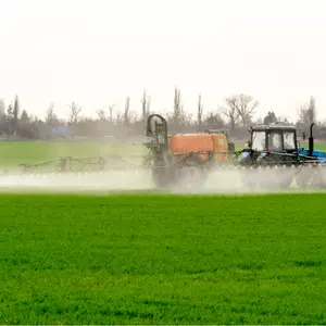 Tractor with high wheels applying finely dispersed spray chemicals on young wheat.