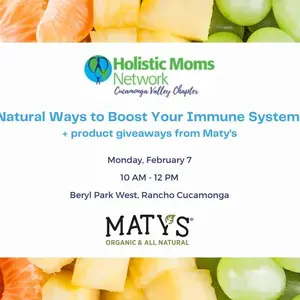 Fruits arranged left to right in a rainbow pattern, white background centered on image with HMN and Maty's Logo and event details