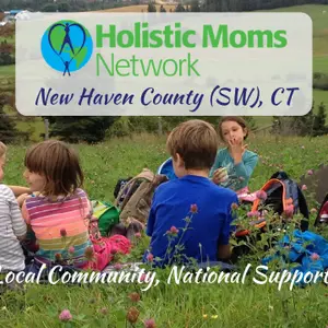 children having a snack in a field, holistic moms network logo top center with New Haven County SW, CT chapter, bottom center reads Local Community, National Support