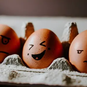 Three brown eggs in an egg carton with black sharpy emotional faces drawn on them, sad, laughing and glaring