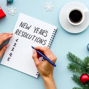 New Year's resolutions with Christmas decorations. Overhead view