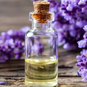 A bottle of essential oil with fresh blooming lavender twigs on a table