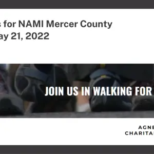 Date, time, and location for walk; image of walkers' feet; logo for organization