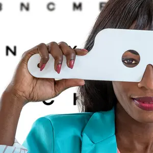 African-American woman taking an eyesight test examination at an optician clinic with Eye Chart Illustrations on background