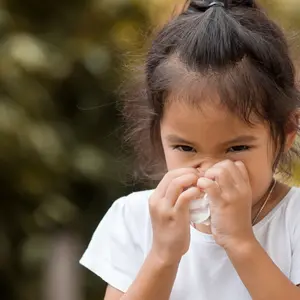 Little Asian girl with seasonal allergies wiping or cleaning nose with tissue on her hand Little Asian girl with seasonal allergies wiping or cleaning nose with tissue on her hand