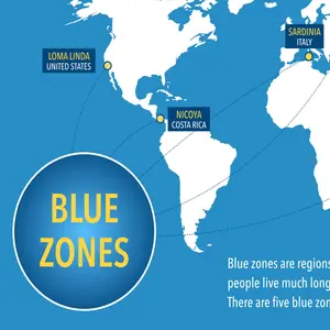 Map of the blue zones of longevity where people live longer than the rest of the world
