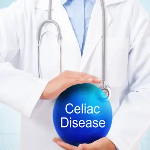 Doctor holding blue crystal ball with celiac disease sign on medical background.