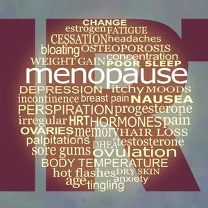 Menopause and HRT word bubble campaign background banner - circular word cloud relevant to menopause