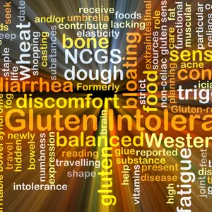 Background concept wordcloud illustration of gluten intolerance glowing light