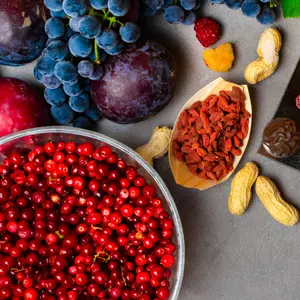 Mix of fresh fruits and berries, rich with resveratrol Mix of fresh fruits and berries, rich with resveratrol