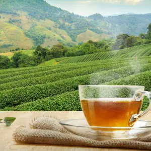 Cup of hot tea and leaf on the wooden table with the tea plantations background