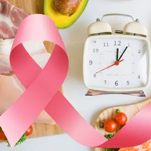 Intermittent fasting alarm clock and Keto diet food ingredients with Breast Cancer Awareness ribbon