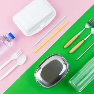 Flat lay photo comparison between disposable foam container, plastic cutlery, plastic straw, plastic bottle and reusable lunch box, spoon, fork straw and water bottle on two colours, pink and green.