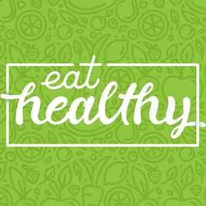 Banner with hand-lettering phrase eat healthy on green background with signs of fruits and vegetables