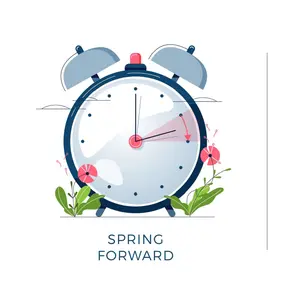 Daylight Saving Time concept. Set of alarm clocks, text fall back, spring forward